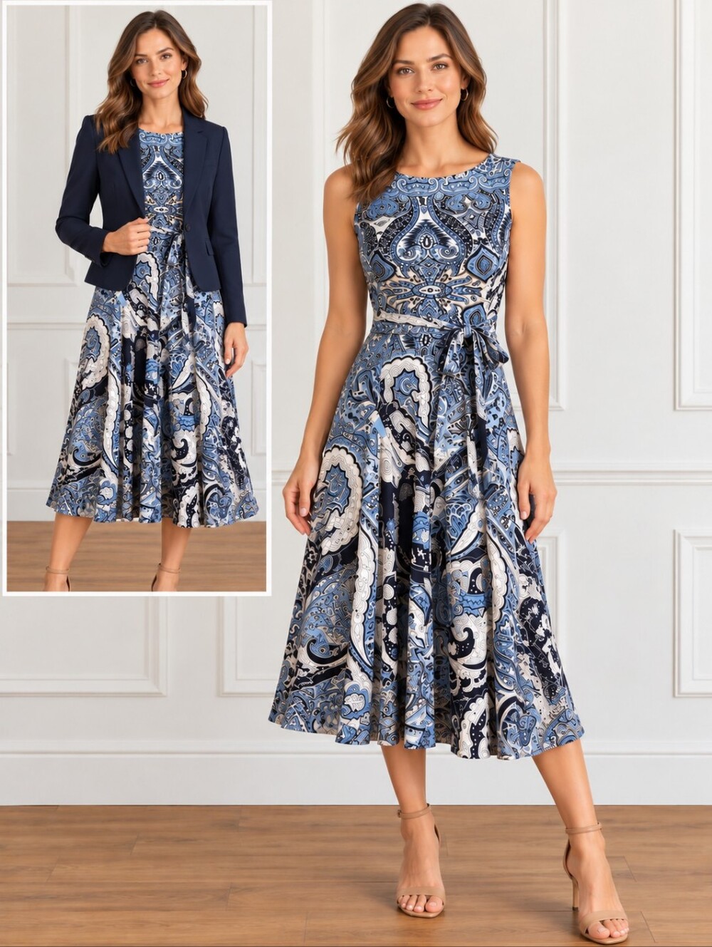 Charter Club A-line Sleeveless Blue & White Paisley Midi Dress, GUC, Size PP